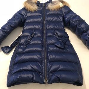 Girls Blue Burberry Puffer Jacket with fur hoodie